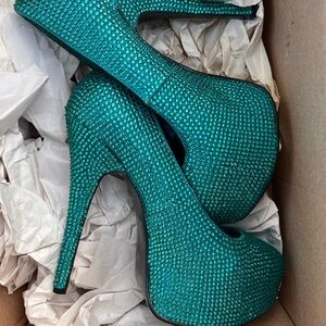 Bordello Turquoise Rhinestone Platform Heels